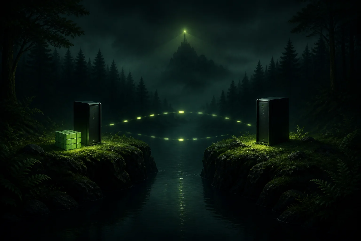 Two server nodes on separate forest islands exchanging glowing data while an independent signal watches from a distance