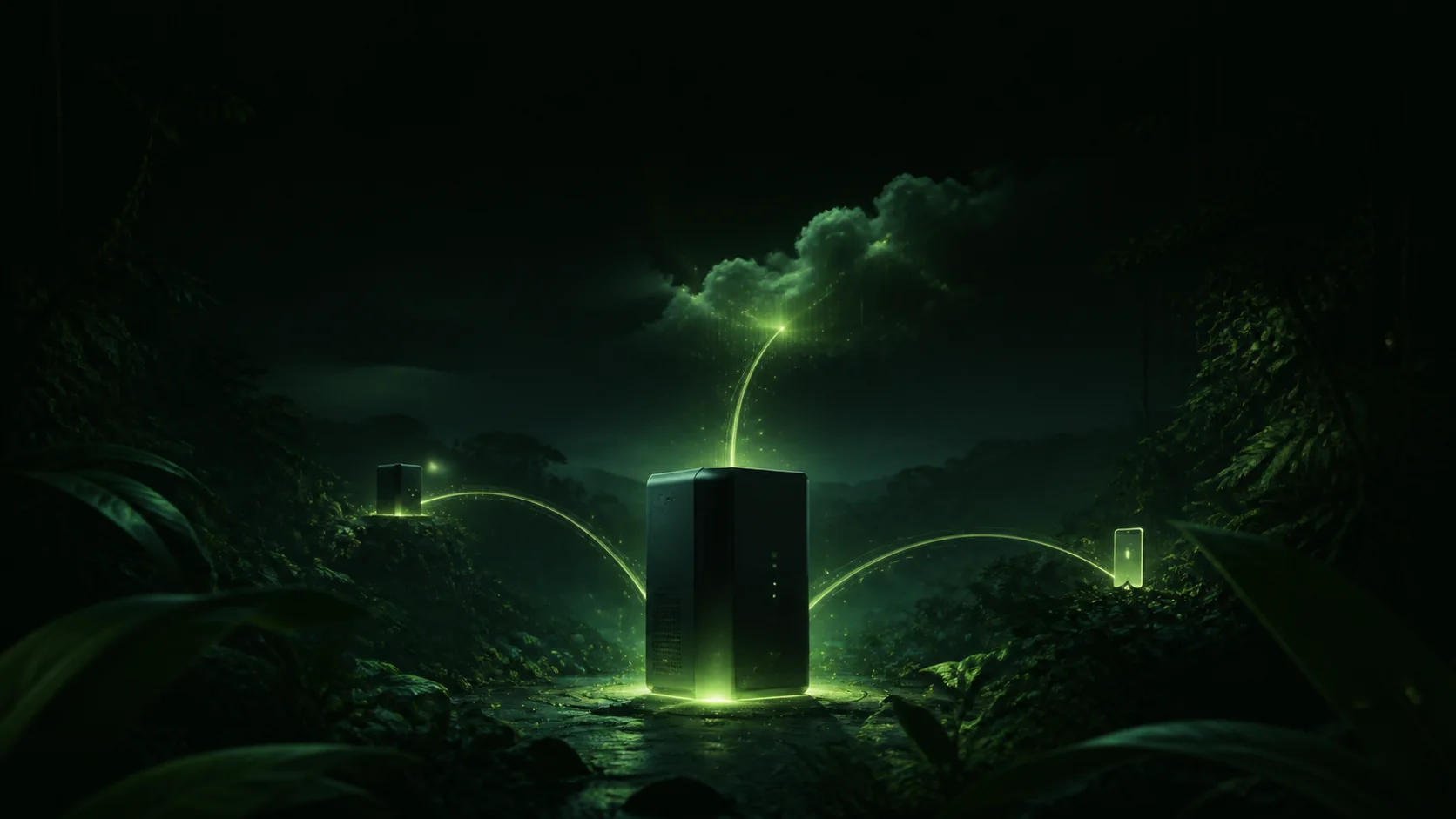 A production server glowing calmly in a dark jungle, with abstract green paths leading to a cloud, an off-site node, and a phone