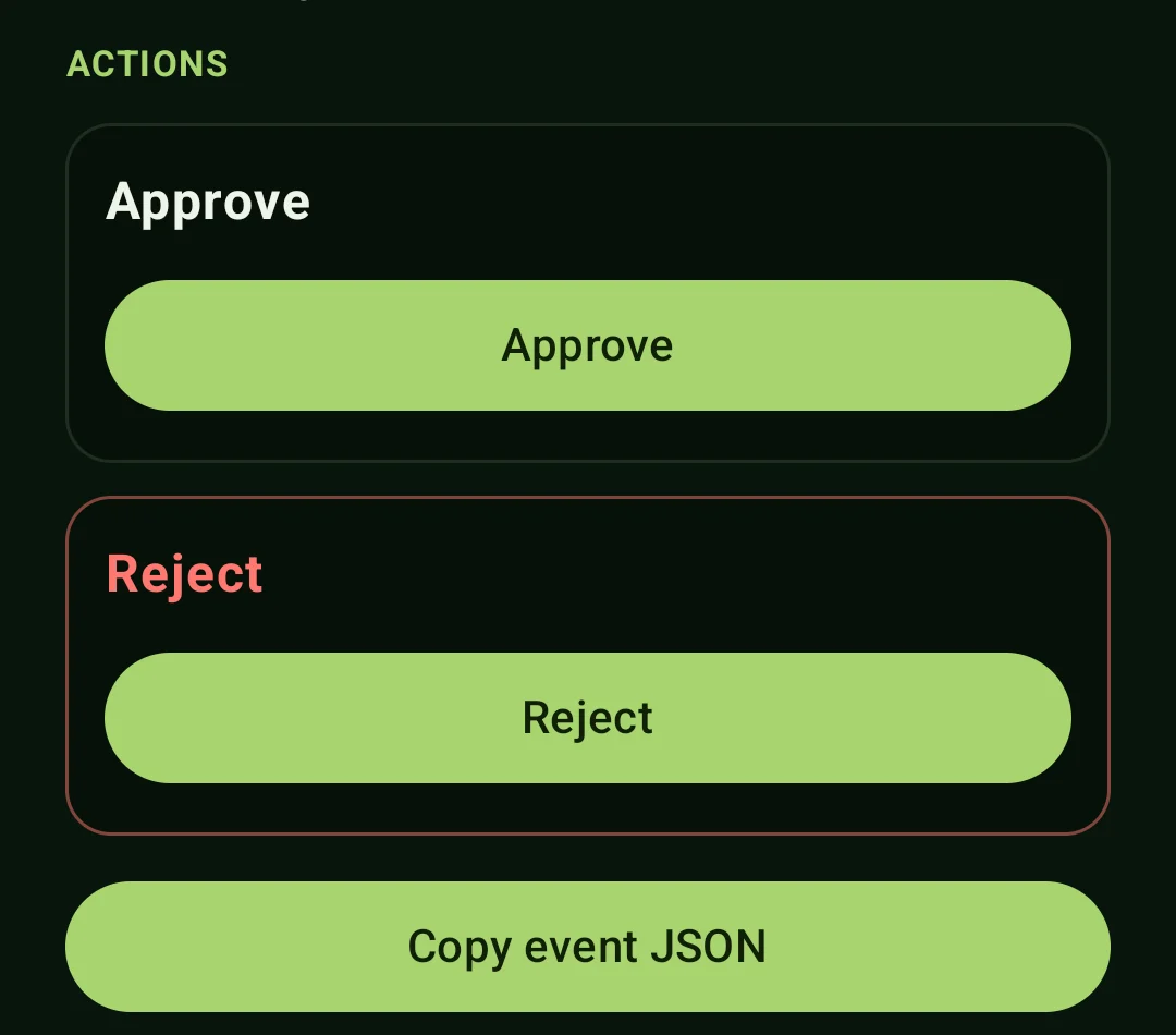Pushify Android action panel showing Approve and Reject controls