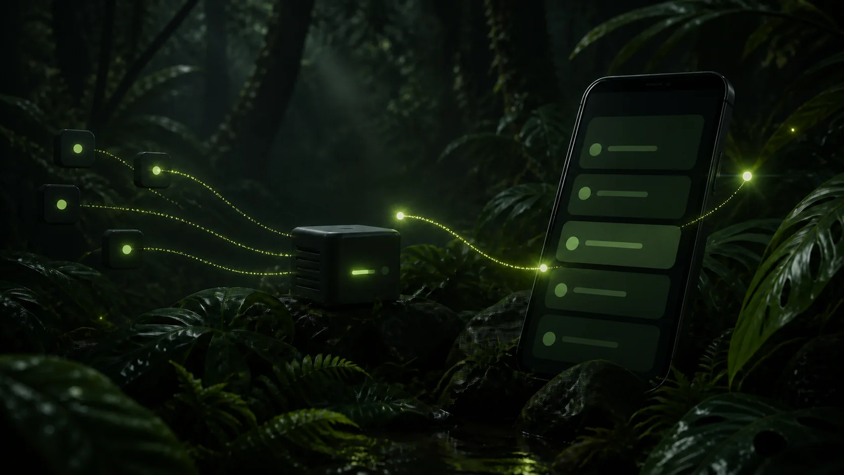 Abstract software services sending glowing events through a central event service to a dark green inbox on a phone in a nighttime jungle