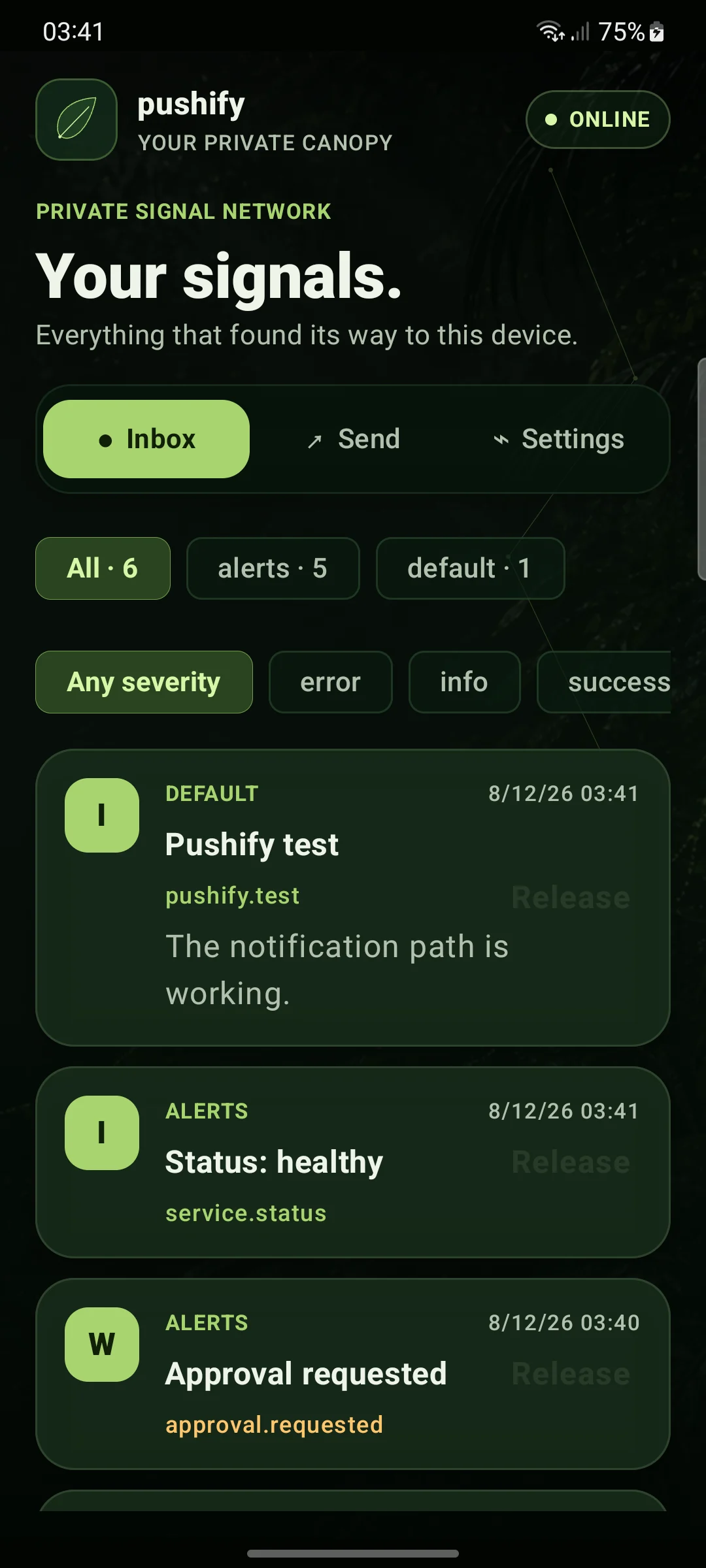 Pushify Android inbox showing a successful delivery test, a healthy service status, and an approval request