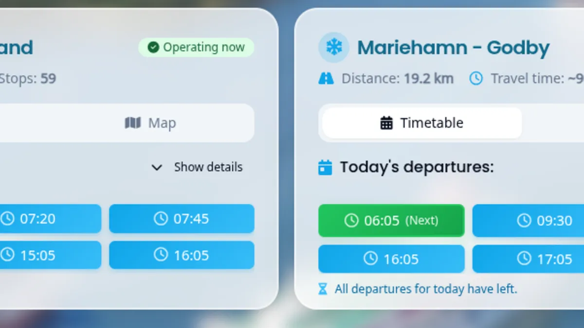 Buss.ax journey planning interface with route search and a map of Åland